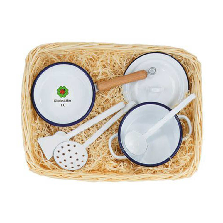GLUCKSKAFER | Enamel Cooking Set In Cane Basket
